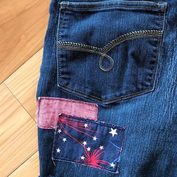 Upcycled Ripped Denim Cutoff Jean Shorts, Fireworks Patriotic Patchwork, Size 16 - Picture 8 of 13